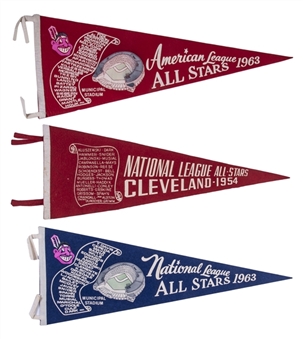 1954-1963 Cleveland All-Star Pennant Trio (3 Different) Featuring Mays, Musial, Koufax & More!